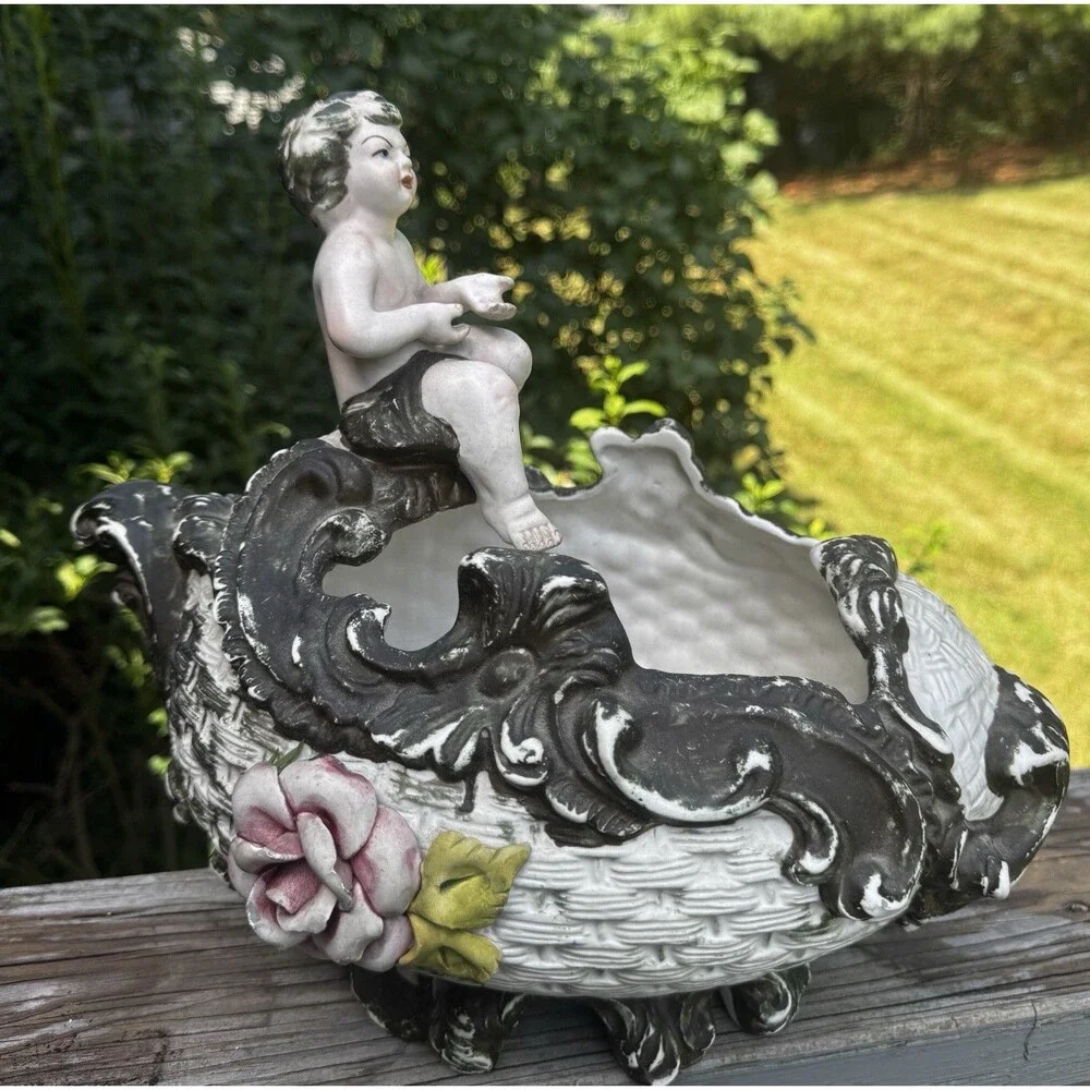 Vintage Capodimonte Italy Cherub Planter Basket Porcelain 3D Rose Putti 11